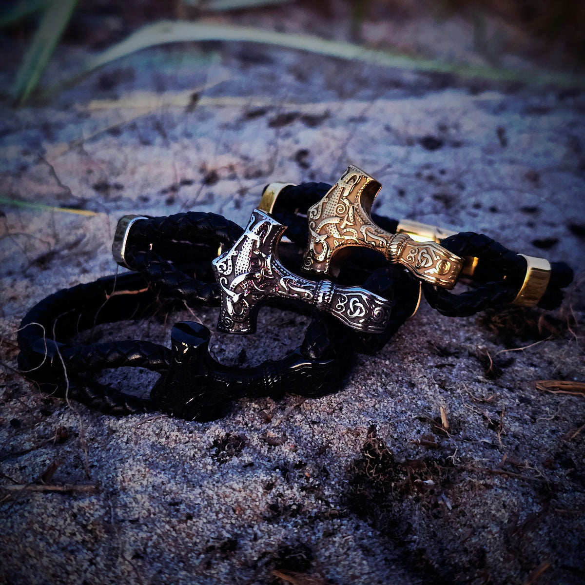 Mjölnir Asgard Knot - Thors Hammer Lederarmband Silber