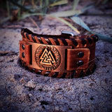 Wikinger Lederarmband Valknut Braun-Kupfer