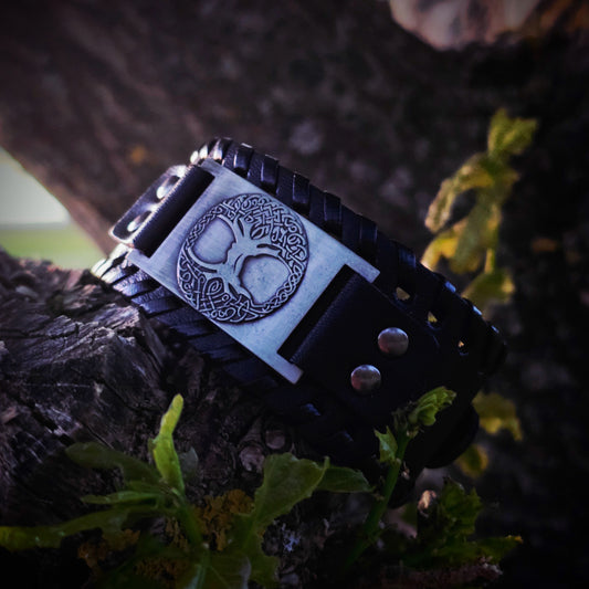 Wikinger Lederarmband Yggdrasil Schwarz-Silber