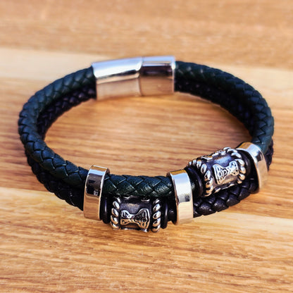 Bracelett Mjölner Twin Leather - Black/Green