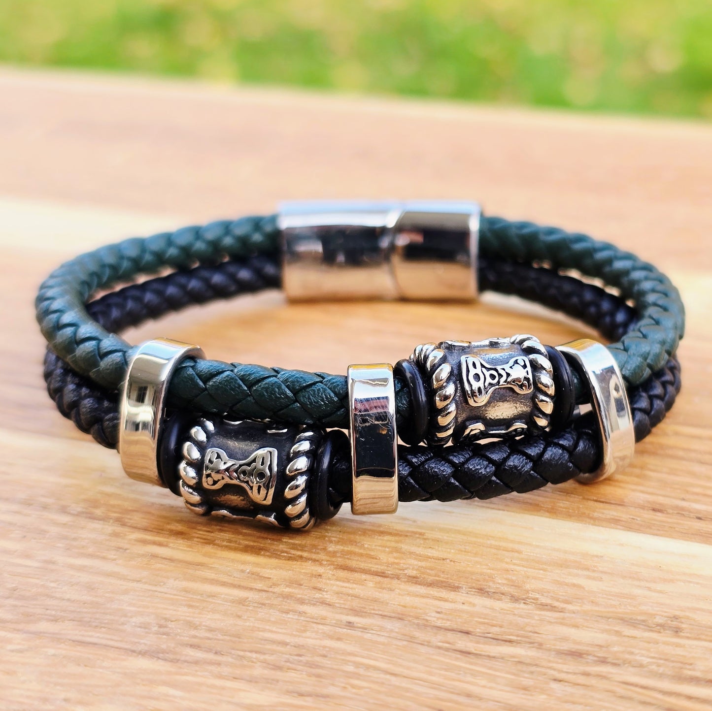 Bracelett Mjölner Twin Leather - Black/Green