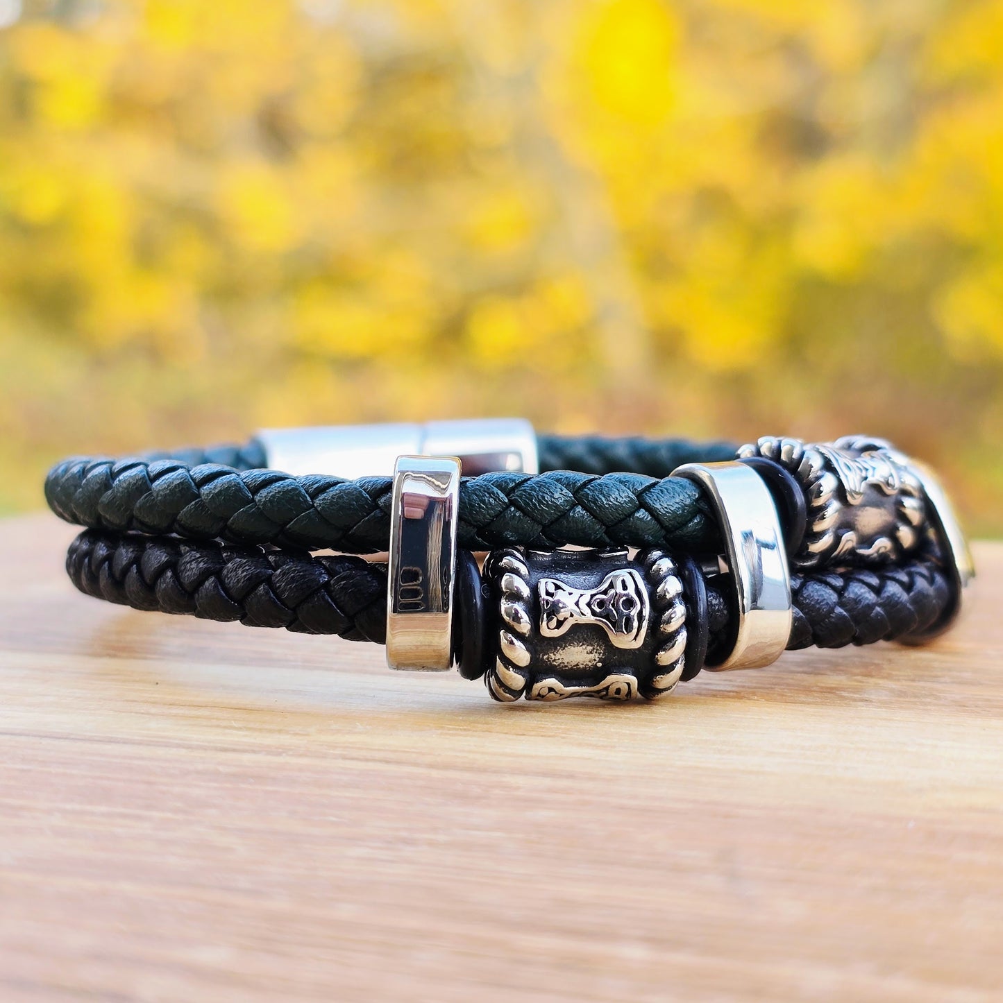 Bracelett Mjölner Twin Leather - Black/Green