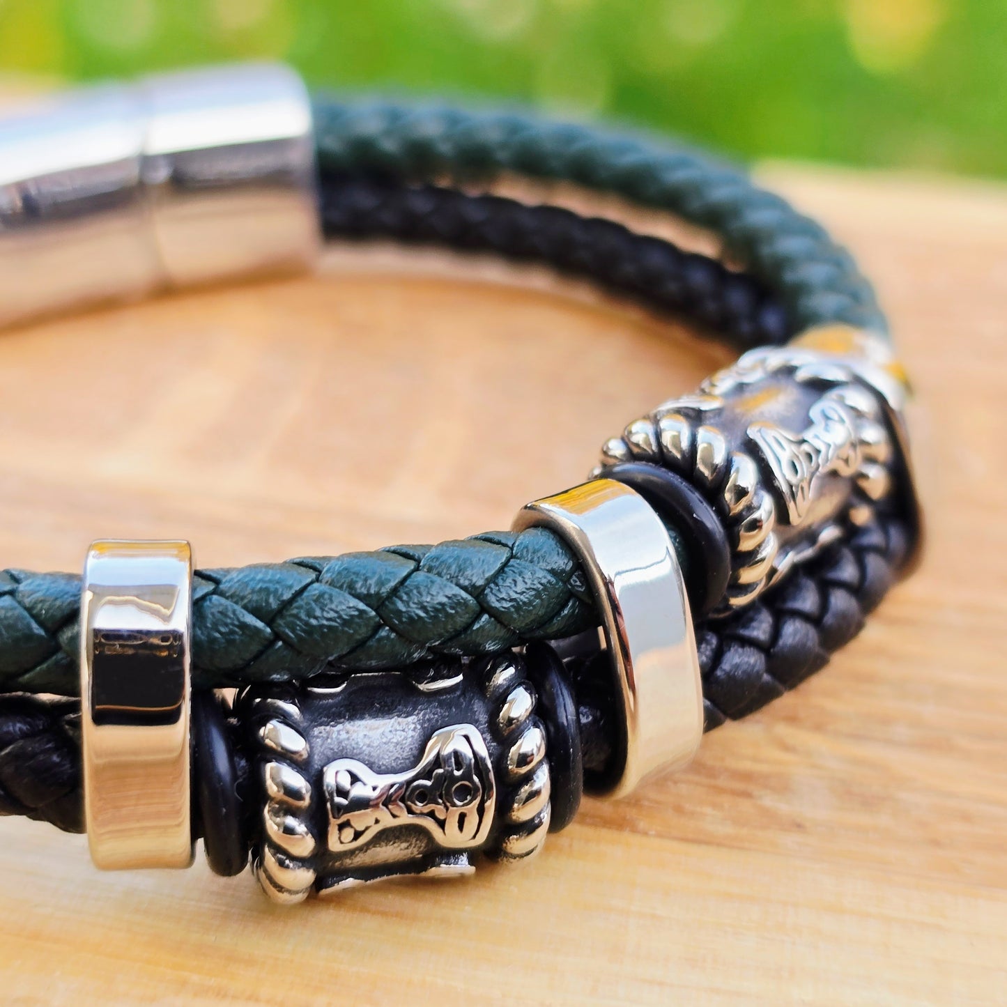 Bracelett Mjölner Twin Leather - Black/Green