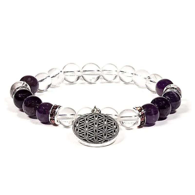 Armbånd bergkrystall og ametyst med Livets blomst-anheng