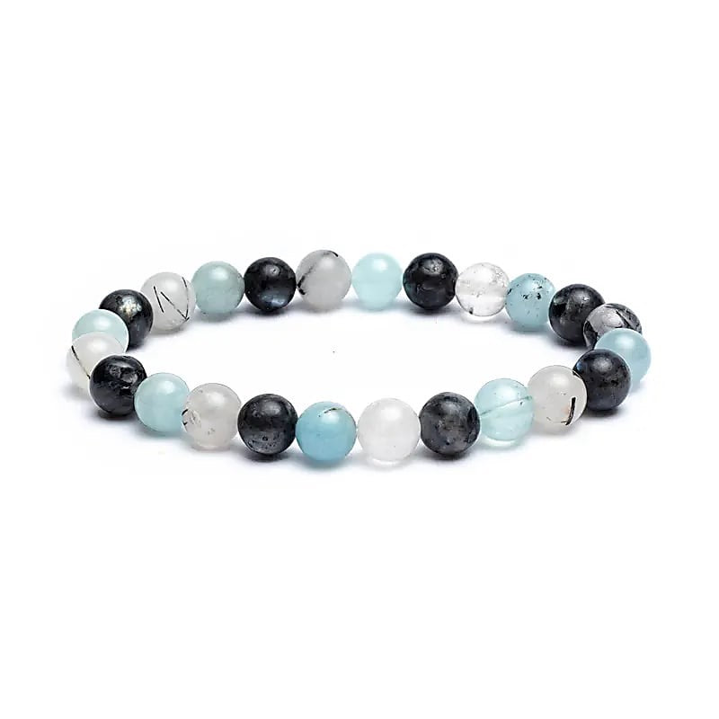 Stretch Bracelet – Aquamarine, Labradorite, and Tourmalinated Quartz