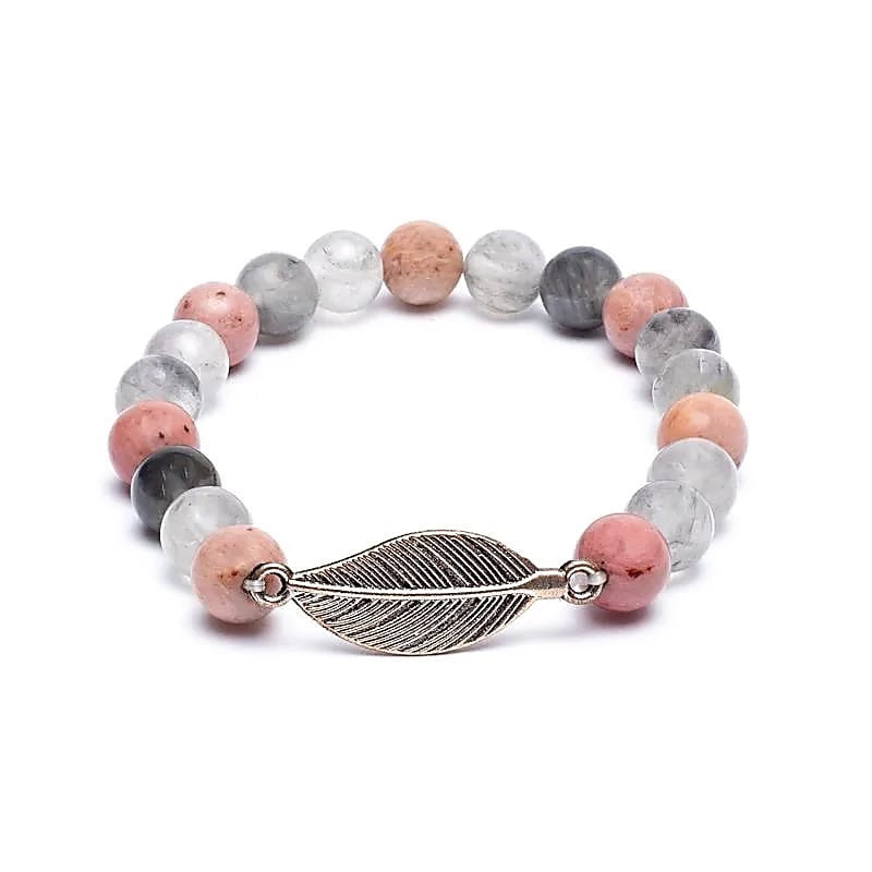 Rhodonite and Grey Quartz Bracelet with Feather Charm